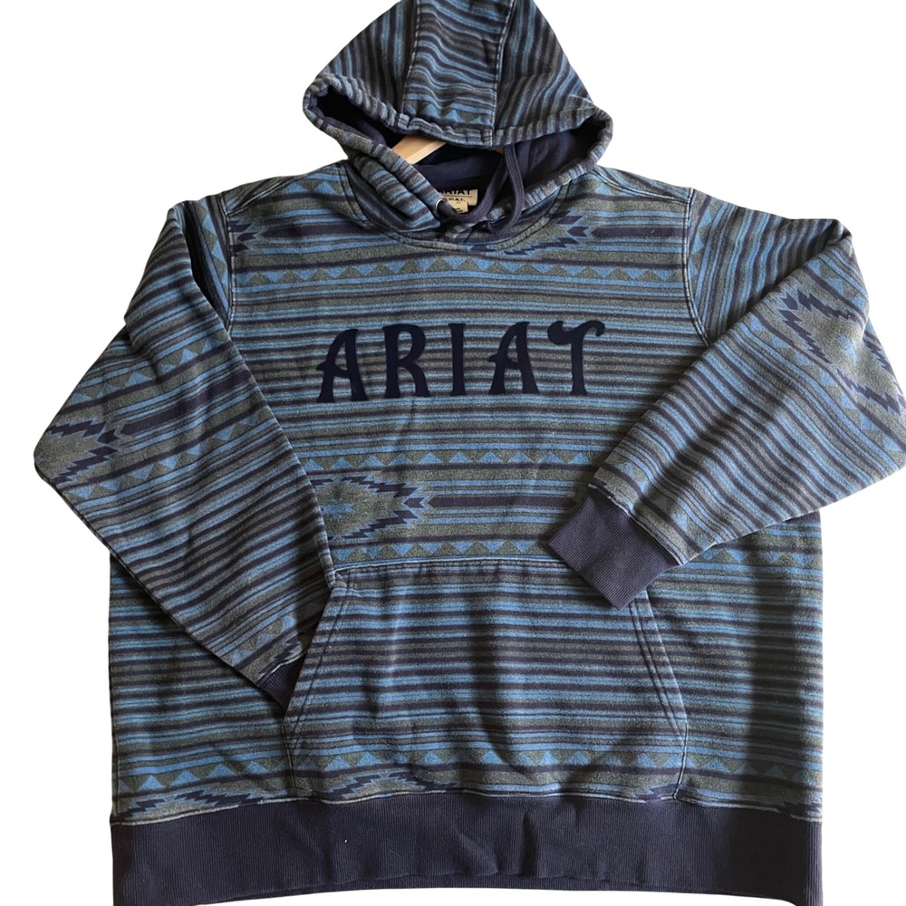 Ariat REAL Hoodie Women 2X Blue Southwestern Aztec Logo Pullover Cowgirl Country